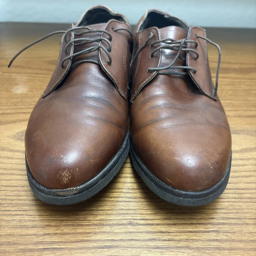 Brown Leather Derby Dress Shoes Mens Lace Up Round Toe Low Top Casual Oxford